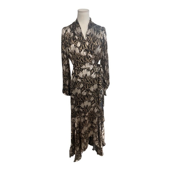 Banana Republic Fiori Ruffle Wrap Dress Black Gold Silk Size S Party Wedding - Picture 4 of 14